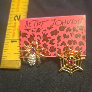 Betsey Johnson Gold and Pink Spider Web Earrings